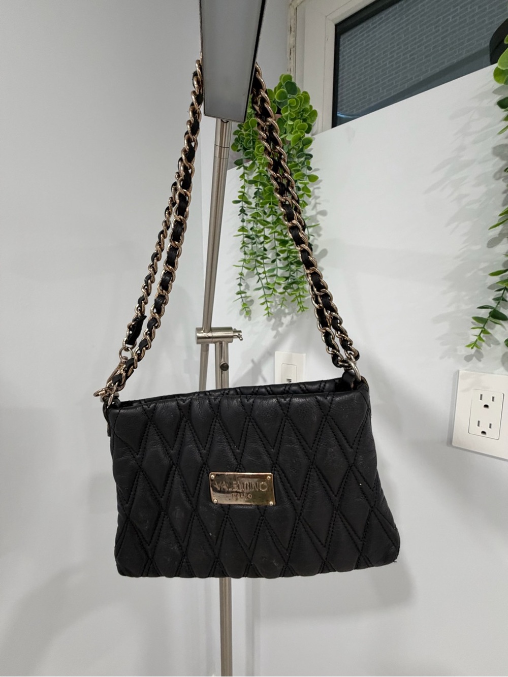 Valentino Black Quilted Shoulder Bag with Gold Plaque and Chain Strap